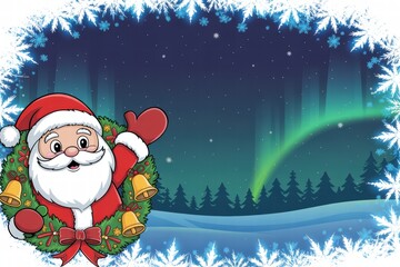 Festive Santa Claus with Bag of Gifts and Bell Overlayed against Night Sky with Aurora Borealis and Snowy Forest in Winter Holiday Celebration Scene