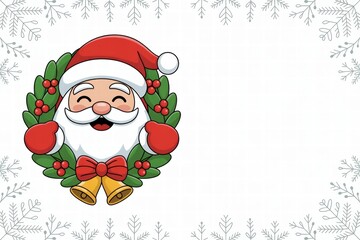 Cheerful Santa Claus cartoon character with a festive wreath hat and red bow mitten holiday theme with snowflakes background for Christmas celebration