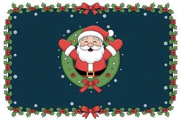 Festive Christmas Santa Claus cartoon character with a cheerful face, waving hands, surrounded by holiday wreath and border with holly berries and bows