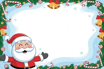 Festive Christmas holiday border frame with Santa Claus cheerful face surrounded by candy canes bells and holly leaves on a winter blue background