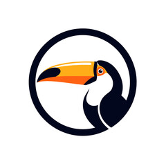 Obraz premium Stylized toucan bird head with large orange beak in a black circular frame.