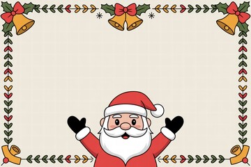 Festive Santa Claus with a joyful expression, wea a traditional red hat and outfit, raising his hands in a cheerful gesture, surrounded by holiday decoration border
