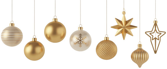 Gold Christmas ornaments hanging from strings gold ornaments hanging ornaments isolated on a transparent background