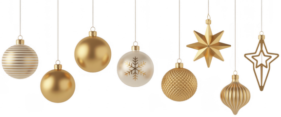 Gold Christmas ornaments hanging from strings gold ornaments hanging ornaments isolated on a transparent background