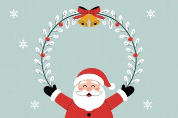 Cheerful Santa Claus with a Christmas wreath wea a Santa hat and gloves surrounded by snowflakes on a festive winter background