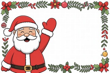 Cheerful Santa Claus with a joyful expression waving, surrounded by festive holiday decorations including holly berries, poinsettias, ornaments, and colorful holiday garland
