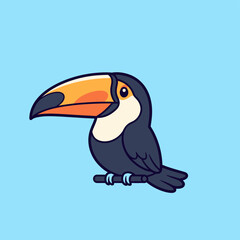 Obraz premium A cute cartoon toucan with a large colorful beak perched on a branch against a light blue background.