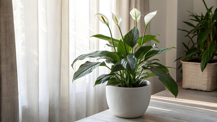 A lush, healthy peace lily stands in quiet elegance inside a smooth, matte-finish ceramic pot—soft matte white or warm charcoal gray—its form sculptural and unadorned
