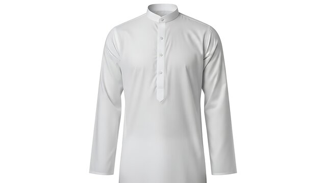White Men's Kurta Shirt with Band Collar and Button Placket on White Background clothing