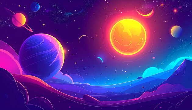 Futuristic landscape with planets and stars. Vector illustration in neon style. - Powered by Adobe