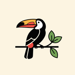 Obraz premium Stylized illustration of a toucan bird with a colorful beak perched on a leafy branch against a light background.