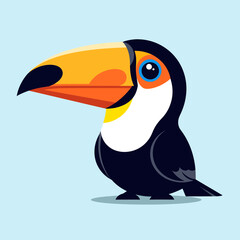 Obraz premium Cute cartoon toucan with a large colorful beak and blue eyes on a light blue background, vector illustration.