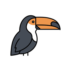 Obraz premium Stylized illustration of a toucan with a dark grey body, white chest, and a prominent orange and black beak, depicted in a simple, flat design.