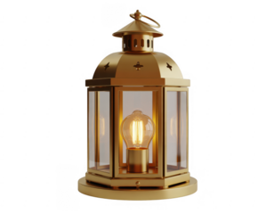 Gold lantern with glass panels and light bulb inside isolated on a transparent background