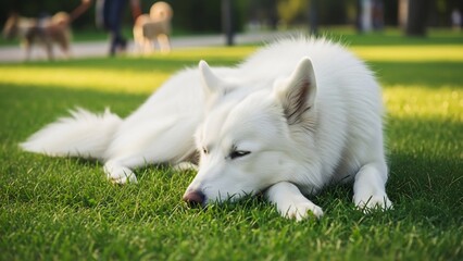 Naklejka premium 白い犬、鮮やかな緑の芝生の上でリラックス。穏やかな雰囲気、自然光が優しく照らす、シンプルで落ち着いた構図。背景にはぼかし。