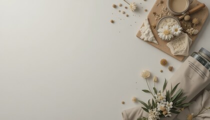 For lifestyle branding purposes, a simple flat lay composition with natural components, muted colors, and a tidy appearance