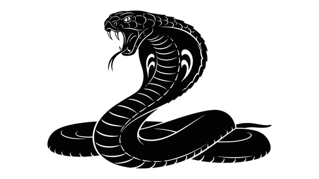 Bold black and white illustration of a fierce cobra snake with detailed scales and threatening