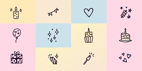Colorful grid displaying various party and celebration themed line art icons