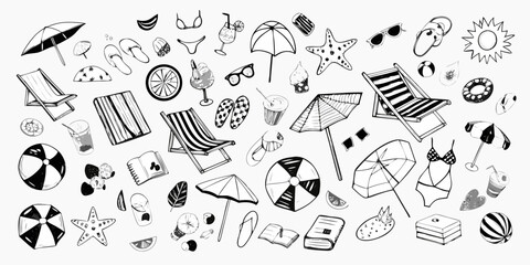A playful collection of hand drawn summer icons and beach essentials in black and white