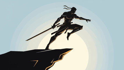 Dynamic silhouette of a warrior in mid-air action pose with a sword against a subtle sky
