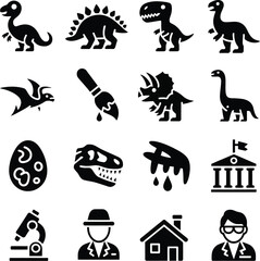 Black and white of dinosaurs, scientists, and research tools