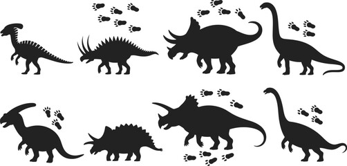 Fototapeta premium Black and white silhouette of various dinosaurs and their footprints