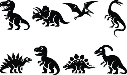 Fototapeta premium Eight black cartoon dinosaurs in various poses