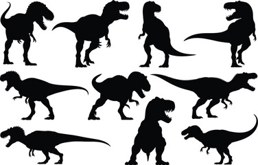 Naklejka premium Eight Black Silhouettes of Dinosaurs on White Background 1