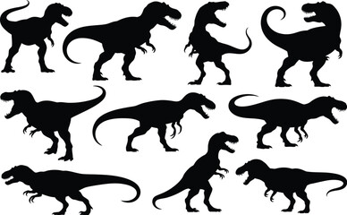 Fototapeta premium Eight Black Silhouettes of Dinosaurs on White Background