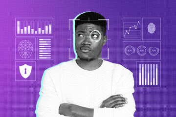 Creative 3D photo collage trend artwork template of young man face identity cyber protection eye...