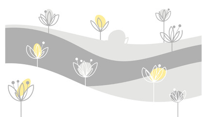 Abstract floral landscape with delicate flowers in minimalist style and soft color palette