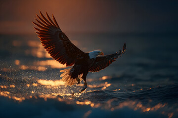Majestic bald eagle soaring above ocean at sunset