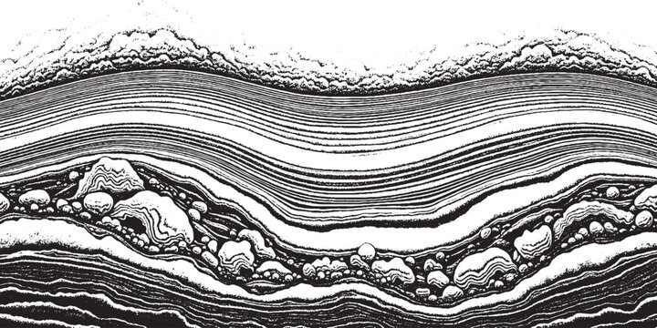 Crosssection of geological strata showing layers and rock formations.