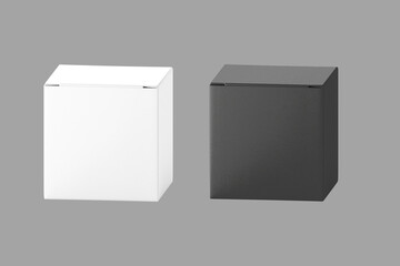 Premium white and black blank packaging cardboard box isolated on a grey background.3d rendering.