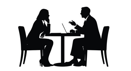 Silhouette of a business meeting between a man and a woman at a table
