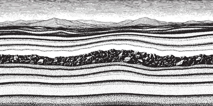 Geological cross section showing layers of rock and sediment.