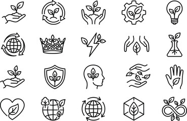 Eco sustainability icon set illustration, green environment protection recycling renewable energy nature care symbols collection vector design elements modern line