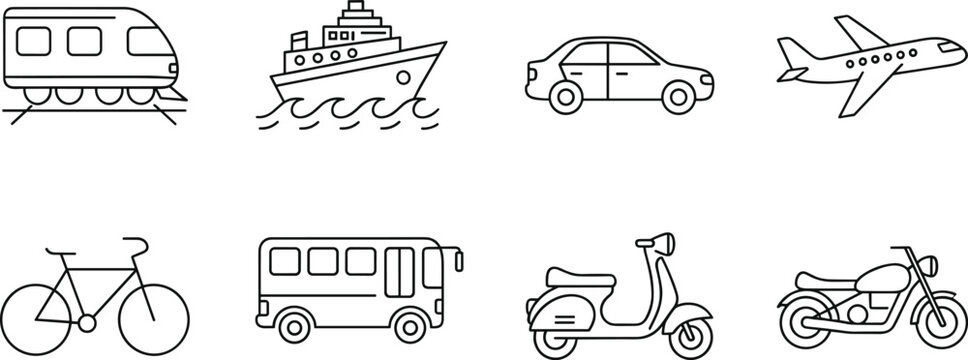 Title Minimalist line art vector icon set of transport vehicles including airplane train car ship bus motorcycle bike and scooter