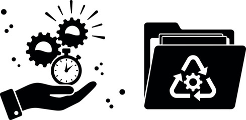 Black silhouette hand holding stop watch watch and gear cogs with folder recycle gear icon isolated