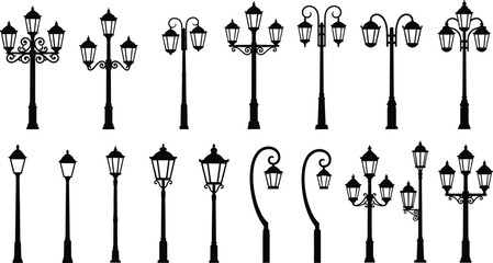 Collection of vintage street lamp silhouettes and antique outdoor park lantern post vector icons isolated on white background for city design