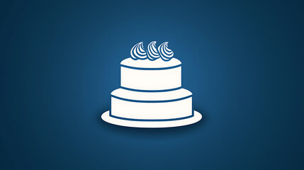A minimalist digital illustration of a two-tiered cake topped with decorative swirls, set against a solid blue background. Clean lines and simple shapes create an elegant design.