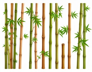 Bamboo green and brown decoration elements in realistic style.