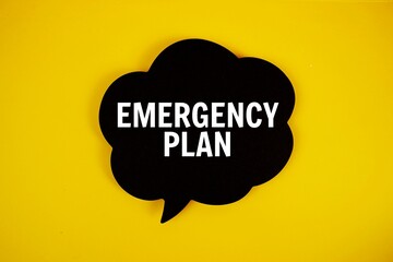 Emergency Plan text with speech bubble top view on yellow background