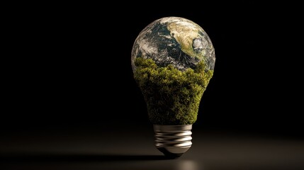 The symbolic representation of Earth illuminated in a light bulb. Concept Earth, Symbolism, Light bulb, Illumination, Ecology.
