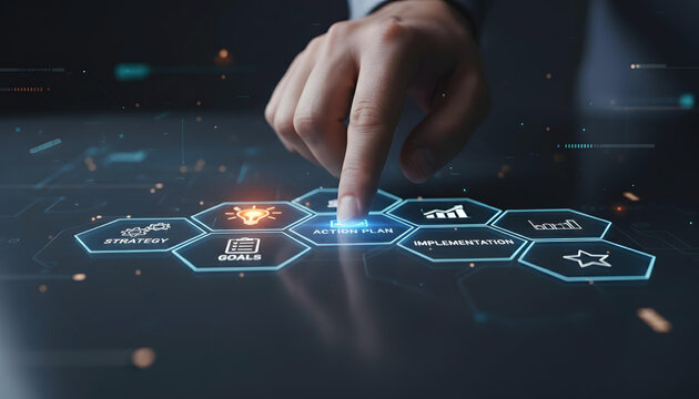 Professional hand touching a glowing digital screen with business analytics and strategy icons symbolizing data-driven decision-making and technological innovation in a modern enterprise - Powered by Adobe