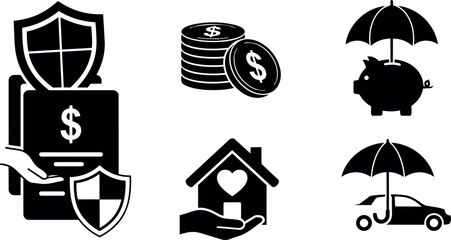 Black shield protecting dollar symbol with hand holding folder and coins with piggy bank and umbrella above and house with heart under hand and car with umbrella flat icon illustration