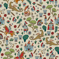 Seamless medieval vector pattern with knights, horses and castles. Dragon and rider. Hand-drawn like an ancient tapestry. For textile and paper design.