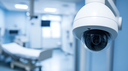 A surveillance camera in a hospital room monitors activity. It is mounted on the ceiling to capture a wide view of the patient's bed and medical equipment for enhanced security.