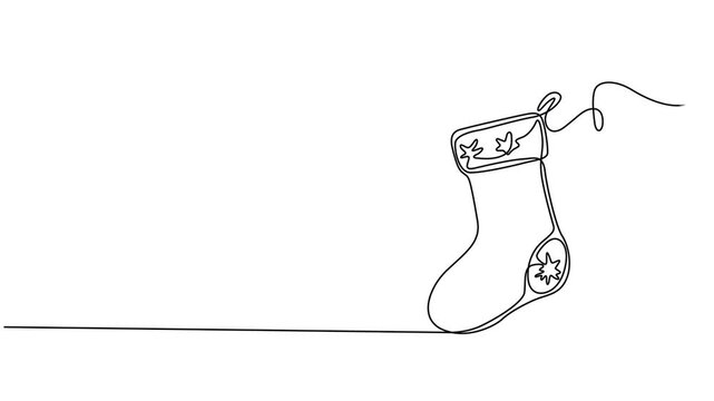 Animated self drawing of Christmas stocking in one continuous line on a white background. Christmas and New Year vector illustration. Christmas concept. Minimalistic style.