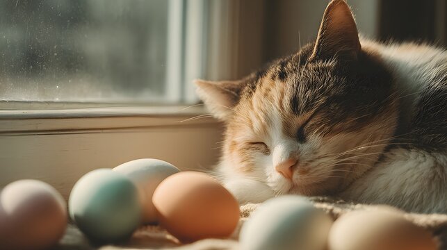 A Calico Cat Napping Beside Colorful Easter Eggs on a Window Sill in Sunlight. - Powered by Adobe